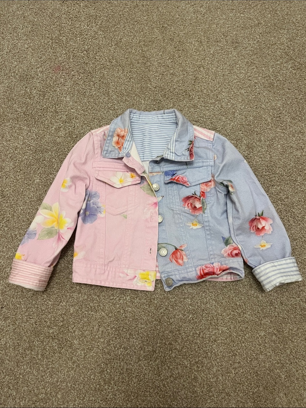 Girls' Two-Tone Floral Denim Jacket - Pink & Light Blue